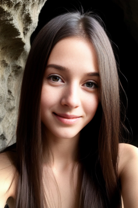 Худышка с темными волосами голенькая в пещерке