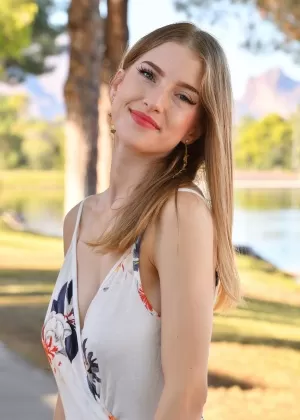 Skinny young girl Octavia gets naked in ankle strap heels while in public